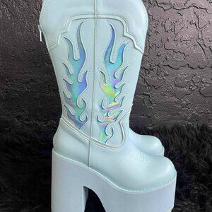 YRU Bad B Flames Cowboy Boots size 7 NIB YRU Holgraphic Blue